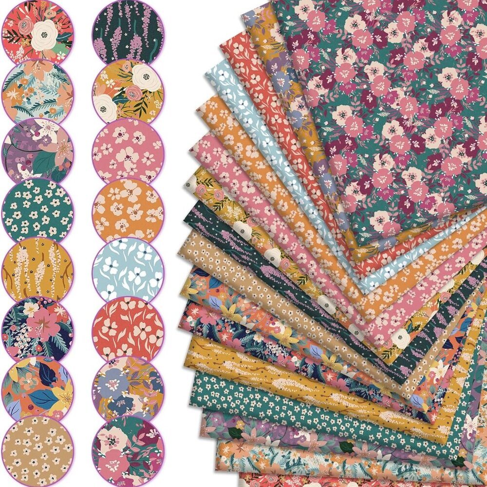 Retro Floral Cotton Fabric Bundles - 16 pcs, 18x22 inch, Vintage Wildflowers for